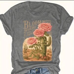 Gray Graphic Tee with Floral Design